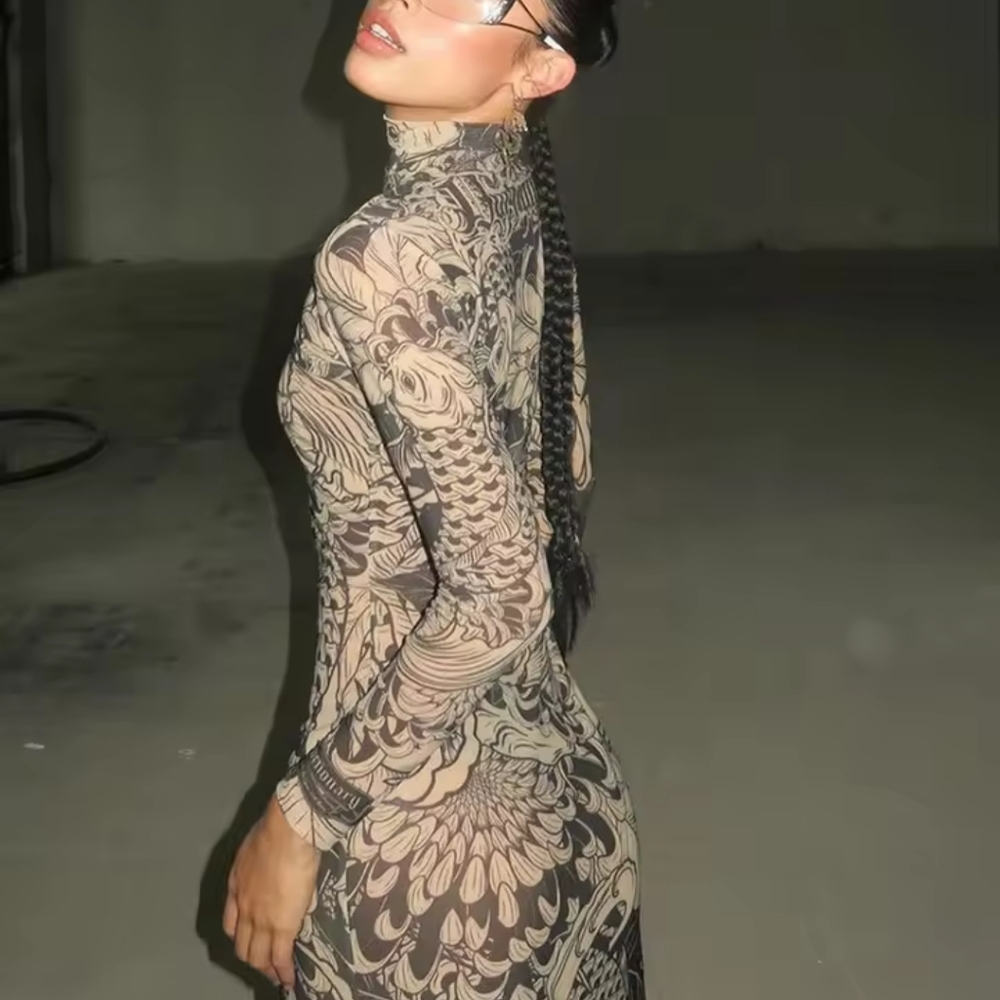 Maxi Dress Turtleneck Full Sleeve Bodycon - Picture 3 of 6